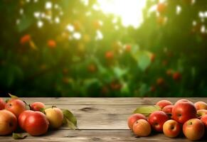 Wooden table with red apples fruits and free space on nature blurred background. Generated AI. photo
