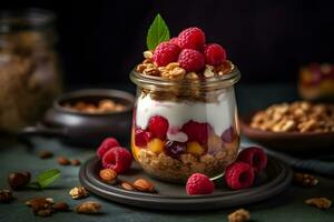 Yogurt granola parfait with sliced nuts and fresh raspberry in a glass jar on dark background. Generative AI. photo