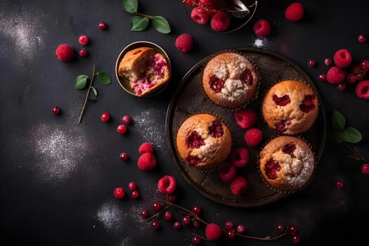 Raspberry muffins with fresh raspberries on a table, close up, dark background. Top view. A delicious dessert or breakfast. AI generated. photo