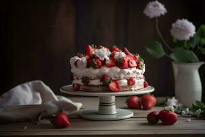 Delicious strawberry biscuit cake torte dessert with fresh berries and butter cream on dark wooden background. Ai generated. photo