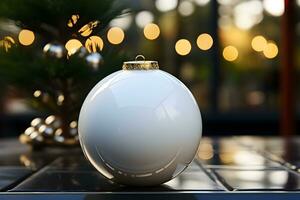 Christmas white round bauble ornament on glossy table with christmas tree decoration and blurred bokeh lights background. photo