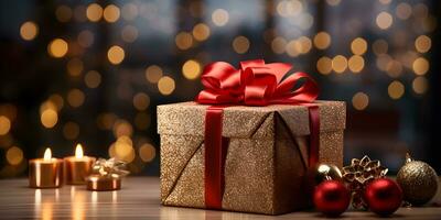 oro regalo caja con Navidad adornos decoración en borroso brillante luces antecedentes. festivo bandera estilizado composición. foto