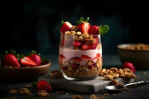 Strawberry yogurt granola parfait with sliced nuts and fresh strawberries berries in a glass jar on dark background. Generative AI. photo