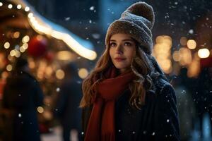 Young woman on christmas market with snowy weather, enjoys winter holiday weather. photo