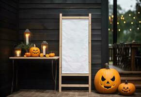 Halloween welcome signboard mockup with pumpkins and lanterns in the garden. Blank board with autumn holiday decoration with copy space. Generated AI. photo