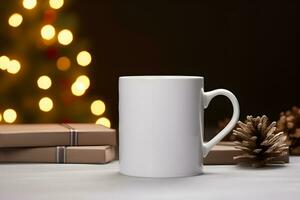 Blank white mug mockup on wooden table with christmas tree lights bokeh background. Holiday template composition with decoration. Copy space. photo