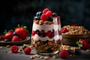 Yogurt granola parfait with sliced nuts, fresh strawberry, raspberry and blueberry in a glass jar on dark background. Generative AI. photo