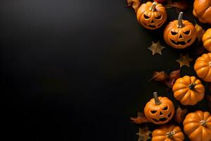 Happy halloween flat lay mockup with pumpkins and leaves on black background. Autumn holiday concept composition. Top view with copy space. Generated ai. photo