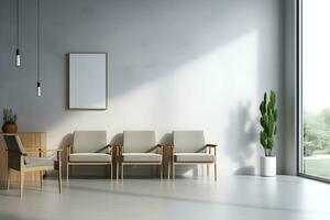 Rectangular frame poster mockup and empty concrete wall in the waiting room of the hospital with modern scandinavian style furniture and big window, loft interior decoration. Generated AI. photo