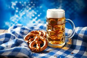 Oktoberfest cerveza tazas y pretzels en un de madera mesa con tradicional toalla a azul antecedentes. foto