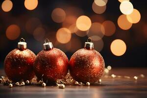 Navidad espumoso rojo pelotas con Brillantina luces y borroso antecedentes. festivo Bosquejo bandera con creativo chuchería decoración y Copiar espacio. foto