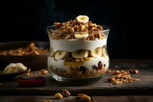 Yogurt granola parfait with sliced nuts and fresh banana fruits in a glass jar on dark background. Generative AI. photo