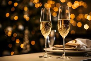 Champagne glasses on festive table with gold glowing bokeh background. Celebration background with sparkling wine. photo