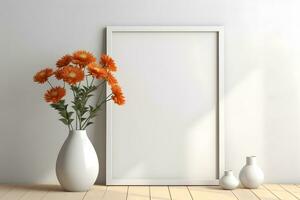 Frame poster mockup, scandinavian style interior with summer daisy flowers in a vase and home decoration on empty neutral white wall background. Generated AI. photo
