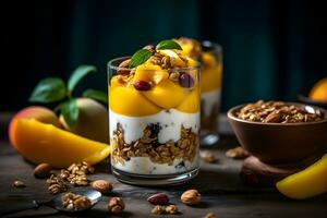 Yogurt granola parfait with sliced nuts, fresh mango fruits in a glass jar on dark background. Generative AI. photo