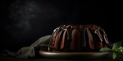 Delicious chocolate bundt cake topped dessert with ganache glaze on dark background, banner with copy space. Ai generated. photo