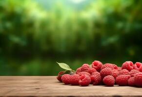 Wooden table with raspberries and free space on nature blurred background. Generated AI. photo