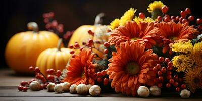 Festive autumn decoration with pumpkins, flowers and fall leaves. Thanksgiving day or Halloween banner concept. photo