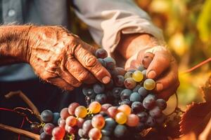 cerca arriba de granjero masculino manos cosecha rojo uva. orgánico frutas, cosecha y agricultura concepto. generado ai. foto