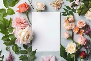 Blank greeting card mockup with garden roses on concrete background. Summer flat lay composition with flowers. Top view with copy space. AI generated. photo