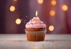 Birthday cupcake with a candle, pink cream and festive tinsel decoration on bright background with copy space. Generated AI. photo