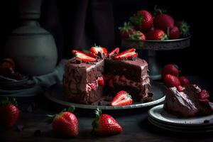 Delicious chocolate strawberry cake torte dessert with fresh berries and butter cream on dark background. Ai generated. photo