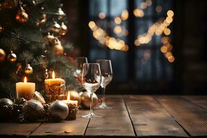 Navidad de madera mesa Bosquejo con árbol de Navidad, pelotas, velas, lentes y luces antecedentes. festivo modelo bandera con creativo chuchería decoración y Copiar espacio. foto