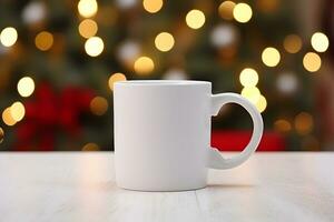 Blank white mug mockup on wooden table with christmas tree lights bokeh background. Holiday template composition. Copy space. photo