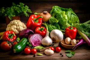 comida antecedentes con surtido de Fresco orgánico vegetales en oscuro de madera antecedentes. ai generado. foto