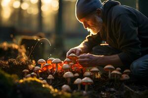 Middle aged man picking mushrooms in the autumn forest. Picking season and leisure people, fall concept. photo