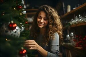 alegre joven mujer decorando el Navidad árbol. Navidad atmósfera a acogedor hogar interior. foto