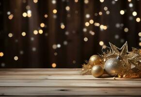 Christmas sparkling gold balls with glitter and christmas tree branch on blurred lights background. Festive mockup banner with creative bauble decoration and copy space. photo