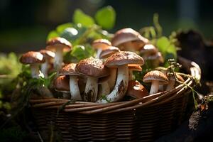 Freshly picked mushrooms in a basket on the autumn, fall forest background. photo