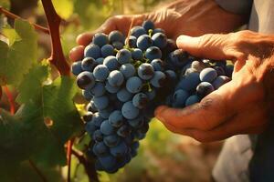 Close up of farmer male hands picking red grape. Organic fruits, harvesting and farming concept. Generated AI. photo