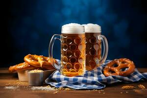 Oktoberfest cerveza tazas y pretzels en un de madera mesa con tradicional toalla. foto