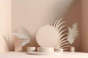 3D background, pedestal podium with plants branches. Pastel display showcase set for Beauty, Cosmetic product presentation template. Geometric minimal 3D render mockup. AI generated. photo