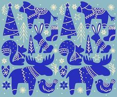 Scandinavian Christmas. Vector set of decorative elements. Animals, trees, snowflakes in scandinavian style