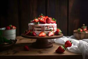 Delicious strawberry biscuit cake torte dessert with fresh berries and butter cream on dark wooden background. Ai generated. photo