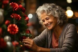 alegre mayor mujer decorando el Navidad árbol. Navidad atmósfera a acogedor hogar interior. foto