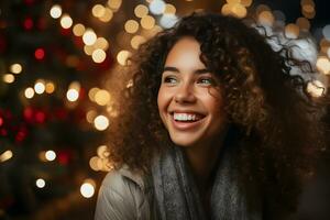 Young woman on christmas market with winter weather, enjoys holiday weather. photo