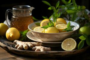 Cup of aromatic ginger and lemon tea with fresh leaves and fruits slices on the table. Organic and natural, hot healthy beverage. photo