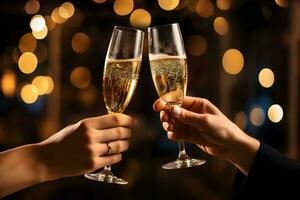 Hands of young couple holding champagne glasses on festive gold glowing bokeh background. Celebration background with sparkling wine. photo