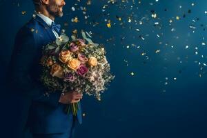 Man in a suit holding a bouquet of flowers with festive tinsel and confetti on a dark blue background with copy space. Generated AI. photo