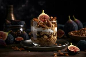 Yogurt granola parfait with sliced nuts and fresh figs fruits in a glass jar on dark background. Generative AI. photo