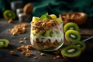 Yogurt granola parfait with sliced nuts and fresh kiwi fruits in a glass jar on dark background. Generative AI. photo