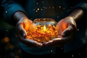 Hands of young man holding flaming diya lamp on festive gold glowing bokeh background. Diwali Hindu festival of lights celebration. photo