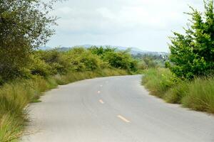 Road on both sides is filled with forests, mountain views on the background, and soft sunlight,road without traffic. photo