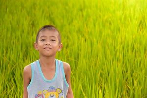 asiático joven chico sonriente y encantador en arroz campo y amanecer antecedentes ,chico sonrisa y encantador, estilo de vida de asiático niños, concepto de vida y sostenibilidad, medio ambiente y agricultura. foto