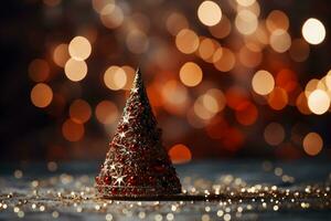 creativo rojo Navidad árbol con pelotas y Brillantina en borroso, espumoso luces antecedentes. festivo Bosquejo bandera con adornos decoración y Copiar espacio. foto