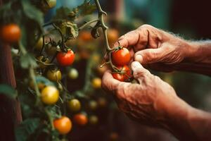 Close up of farmer male hands picking red cherry tomatoes. Organic food, harvesting and farming concept. Generated AI. photo